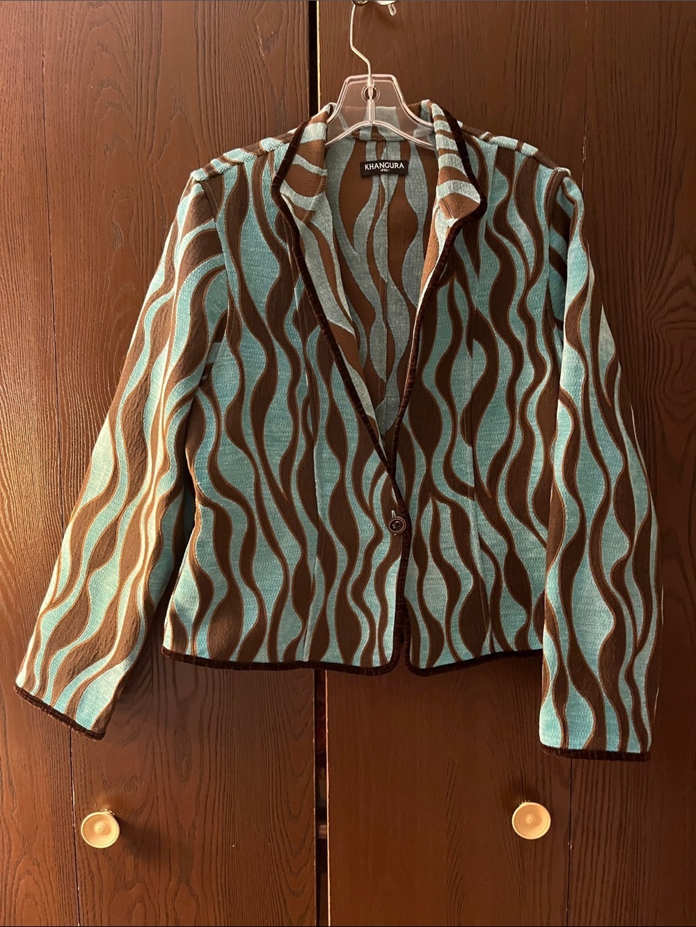 Khangura long sleeved turquoise and brown velvety jacket. Size PXL